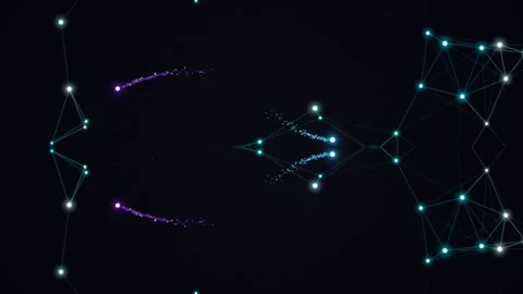 Symmetrical Glowing Cyan Plexus Network with Light Trails Stock Footage 332787477