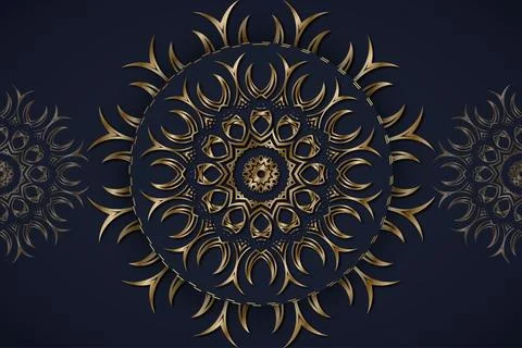 Symmetrical Gold Mandala Artwork On Deep Blue Decorative Background Stock-Illustration