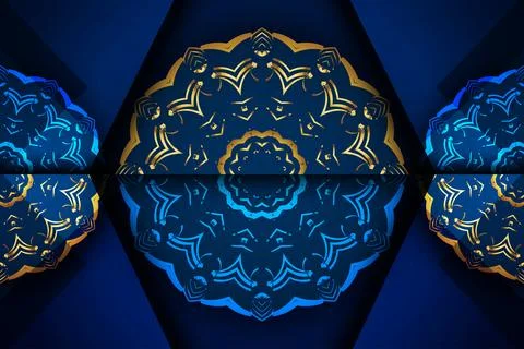 Symmetrical Gold Mandala Artwork On Deep Blue Decorative Background Stock Illustration