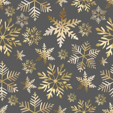 Symmetrical golden snowflake seamless pattern on gray background for wallpaper Stock Illustration