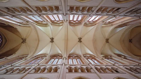 Symmetrical Gothic Cathedral Vaulted Ceiling and Skylight Windows in Lyon Stock Footage 334383989