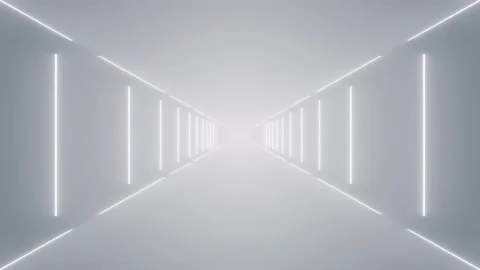 Symmetrical Hallway with Parallel Glowing Neon Tubes 4K Rendering Видео 339269273