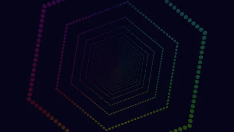 Symmetrical hexagonal pattern with colored dots on black background Stock Footage 300747380