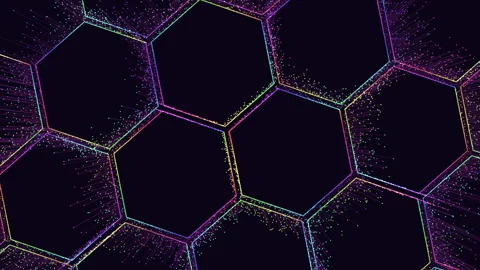 Symmetrical hexagonal pattern of colorful dots Stock Footage 303193227
