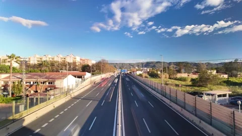 Symmetrical Highway Under Clear Blue Sky Urban Road Infrastructure Spain Видео 332708643
