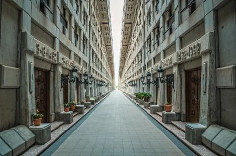 Symmetrical interior image of the Lighthouse of Christopher Columbus, combining Stock Photos