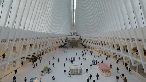 Symmetrical interior of Oculus transit hub Stock Footage 333184041