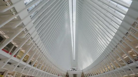 Symmetrical interior view of Oculus transportation hub Stock Footage 333183958
