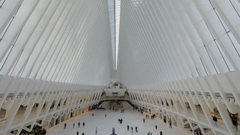 Symmetrical Interior View of White Oculus Transit Hub in Manhattan Video stock 342441226
