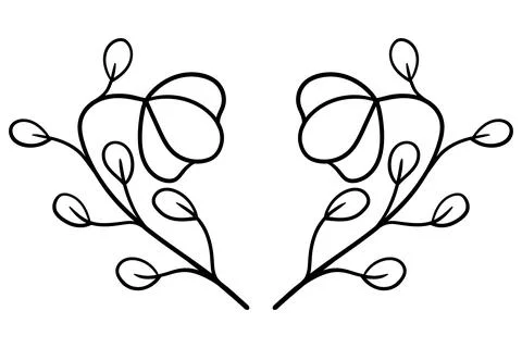 Symmetrical linear drawing of a botanical vignette made of two flower branche Stock Illustration