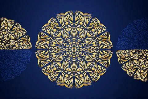 Symmetrical Mandala Design with Concentric Circles in Yellow Blue and Gold Stock Illustration
