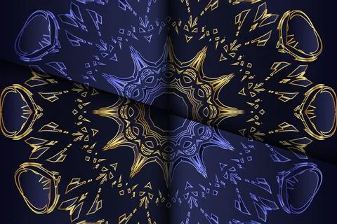 Symmetrical Mandala Pattern With Gold Details On Navy Blue Background Ilustração Stock