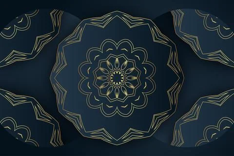 Symmetrical Mandala Pattern With Gold Details On Navy Blue Background イラスト素材