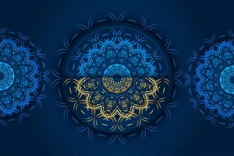 Symmetrical Mandala Pattern With Gold Details On Navy Blue Background Illustrazione stock