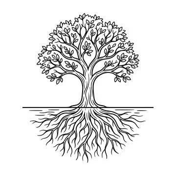 Symmetrical oak tree with deep roots system vector illustration outline style Illustrazione stock
