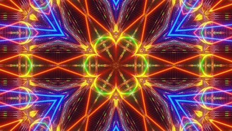Symmetrical pattern. 4k neon kaleidoscope seamless looped background with glow Stock Footage 201218381