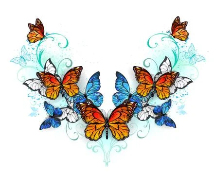 Symmetrical pattern of blue and orange butterflies Stock Illustration