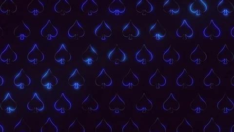 Symmetrical pattern of glowing blue spades on black background Video stock 259296039