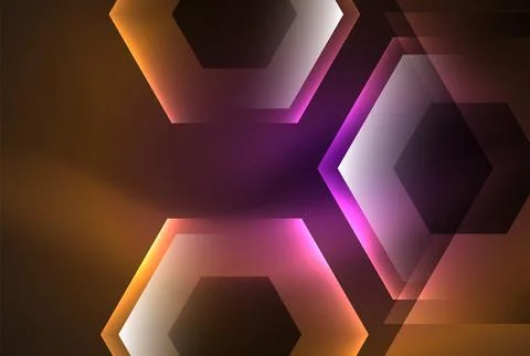 A symmetrical pattern of glowing violet hexagons on a dark background Stock Illustration