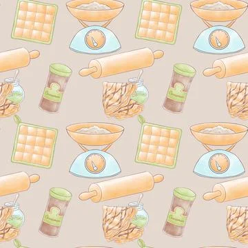 Symmetrical pattern for a pastry shop made of hand-drawn elements of orange a Stock Illustration