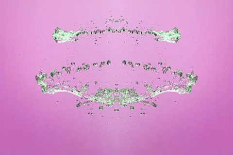 Symmetrical pattern of stopped water droplets with transparent streams on a p Stock Photos