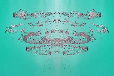 Symmetrical pattern of stopped water droplets with transparent streams on a g Stock Photos