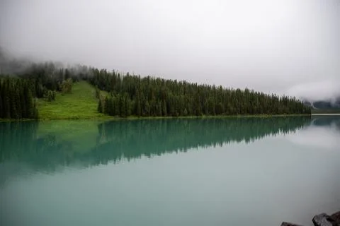 Symmetrical picture of the trees reflected on the surface of Emerald lake. Stock Photos