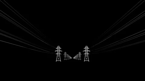 Symmetrical Power Line Towers in Perspective at Night with Bold Electric Line Stock Footage 341780375