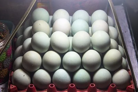 Symmetrical pyramid stack of salted duck eggs inside display glass cabinet .. Stock Photos