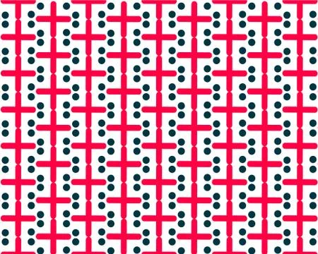 Symmetrical repeating pattern red crosses dark circles on white background Stock Illustration