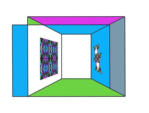 Symmetrical Room Interior Illustration with Patterned Side Panels and Pi Stock Illustration