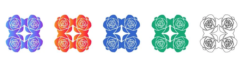 Symmetrical Rose Flower Vector Set icon set 库存插图