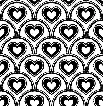 Symmetrical seamless pattern with layered heart motifs in an arched shape. Stock Illustration