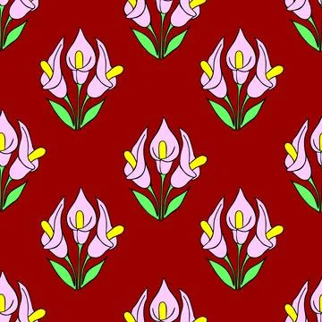 Symmetrical seamless pattern of pink flowers on a red background, texture Illustrazione stock