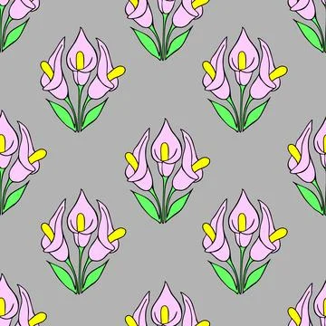 Symmetrical seamless pattern of pink flowers on a gray background, texture Illustrazione stock