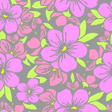 Symmetrical seamless pattern of pink flowers on a gray background, texture Stock Illustration