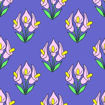 Symmetrical seamless pattern of pink flowers on a blue background Stock Illustration