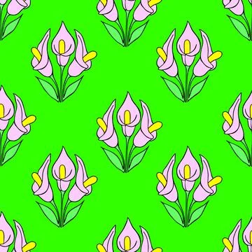 Symmetrical seamless pattern of pink flowers on a green background, texture Stock Illustration