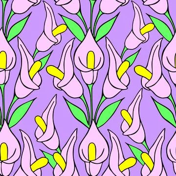 Symmetrical seamless pattern of pink flowers on a purple background, texture Stock Illustration