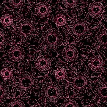 Symmetrical seamless pattern of pink flowers on a black background, texture Stock Illustration