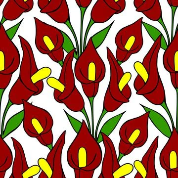 Symmetrical seamless pattern of red flowers on a white background, texture Stock Illustration