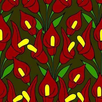 Symmetrical seamless pattern of red flowers on a green background, texture Stock Illustration