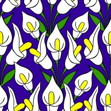 Symmetrical seamless pattern of white flowers on a blue background, texture Stock Illustration