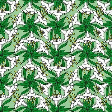 Symmetrical seamless pattern of white flowers on a green background, textur.. Stock Illustration