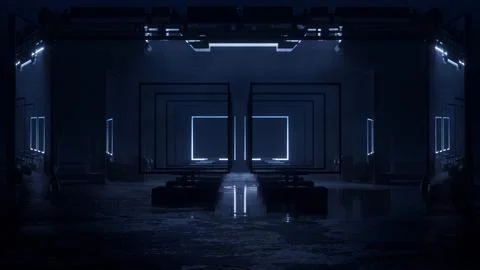 Symmetrical square frames glowing in a cold blue warehouse 库存插图