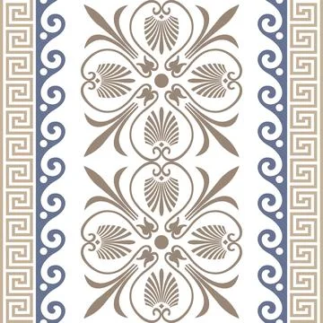 Symmetrical vertical border design blending Greek styles. Features central gold Illustrazione stock