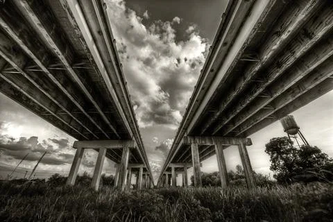 Symmetrical View Beneath Elevated Highway Bridges Stock Photos