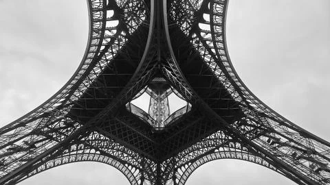 Symmetrical view of the Eiffel Tower from below in Paris, France Stock Photos