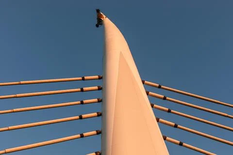 Symmetrical View of Halic Bridge Cable Tower at Sunrise Stock Photos