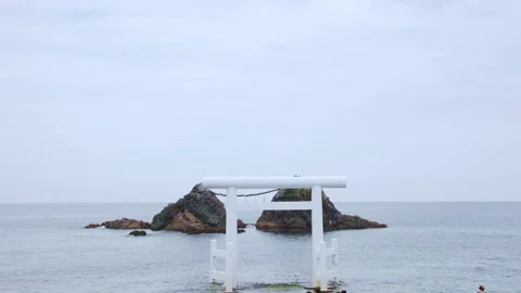 Symmetrical view of white Torii gate framing Meoto Iwa rocks in the sea Stock Footage 338194044